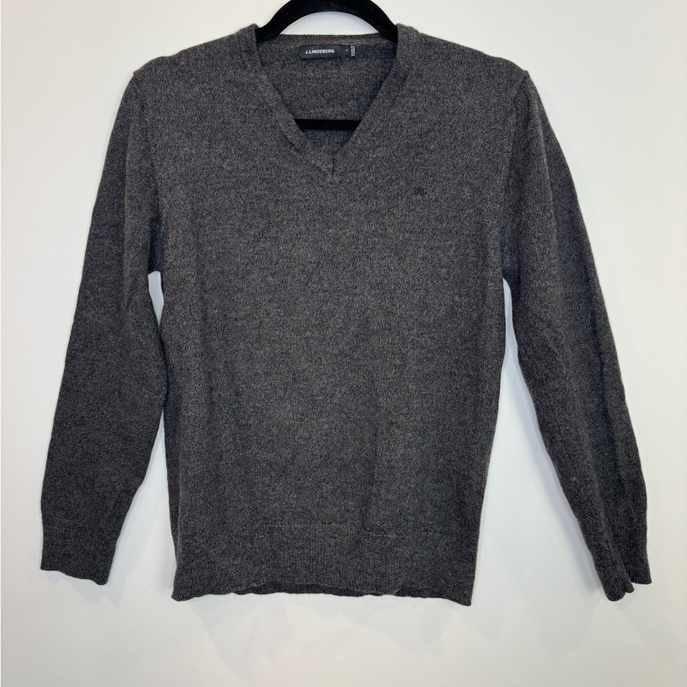 J.Lindeberg Lymann Dark Gray V-Neck true merino wool Sweater logo embroidery